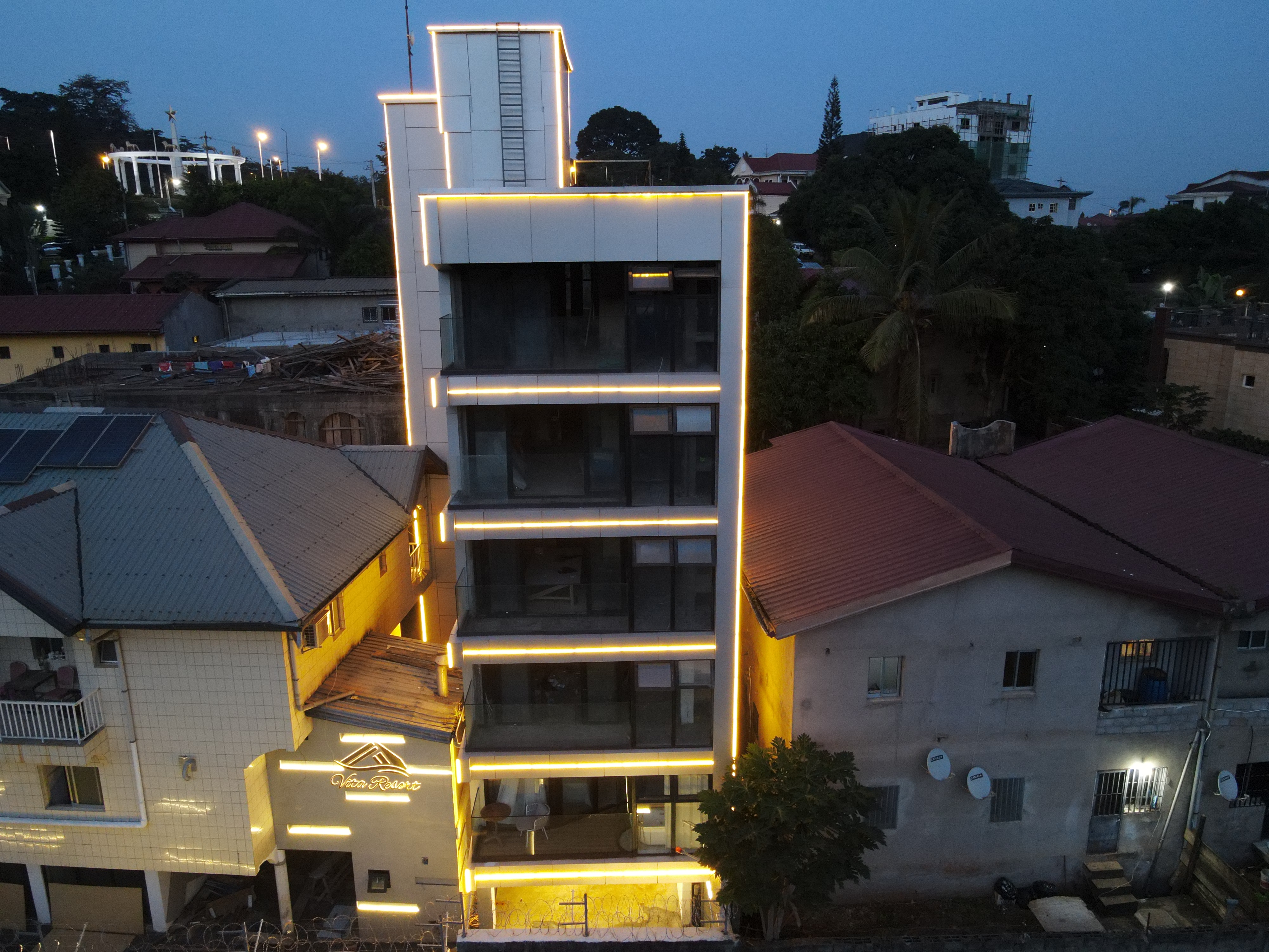 Aerial night shot of Vita Resort with full LED outline