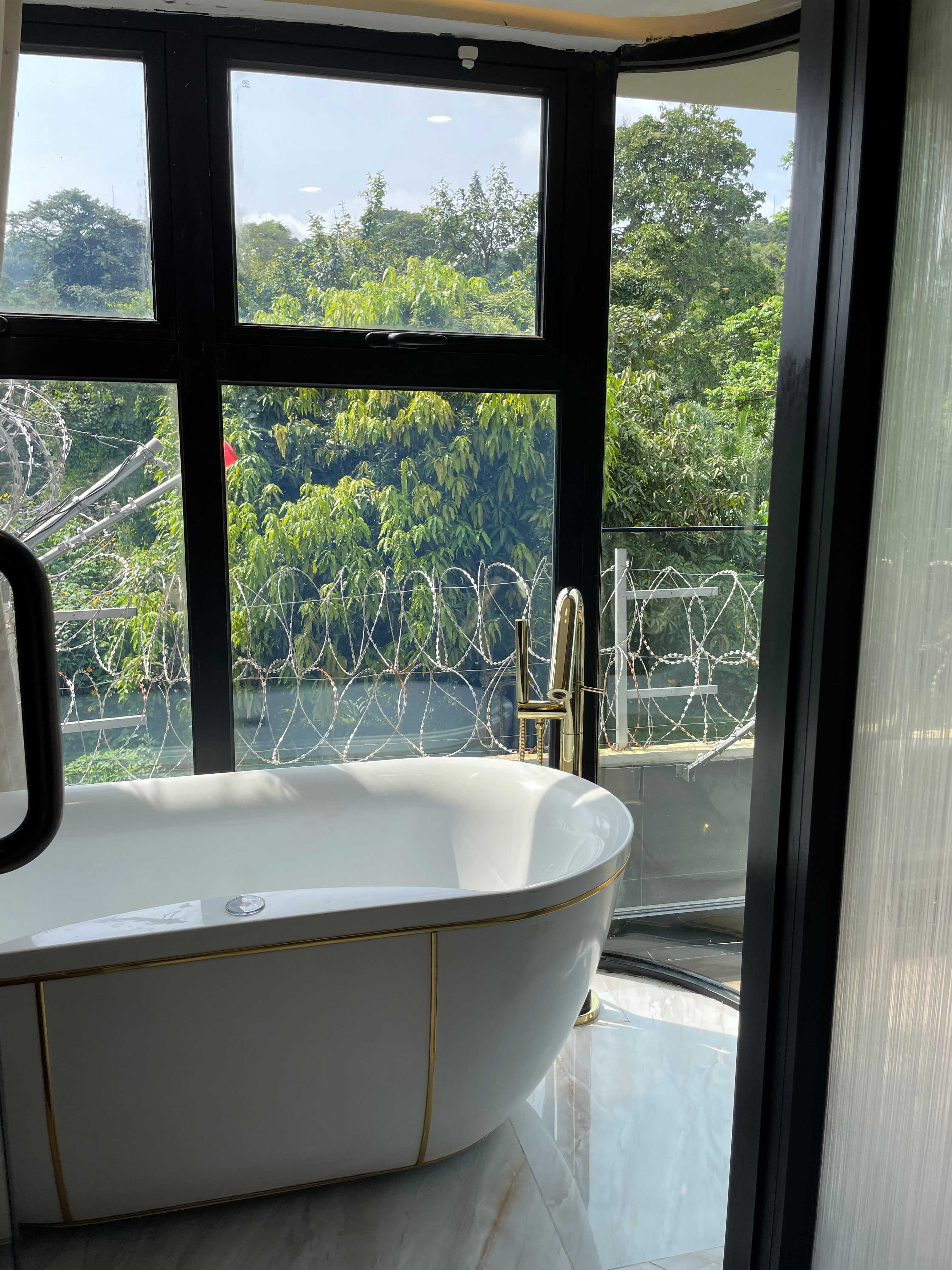 Freestanding bathtub with chromatherapy LED lighting and forest window view