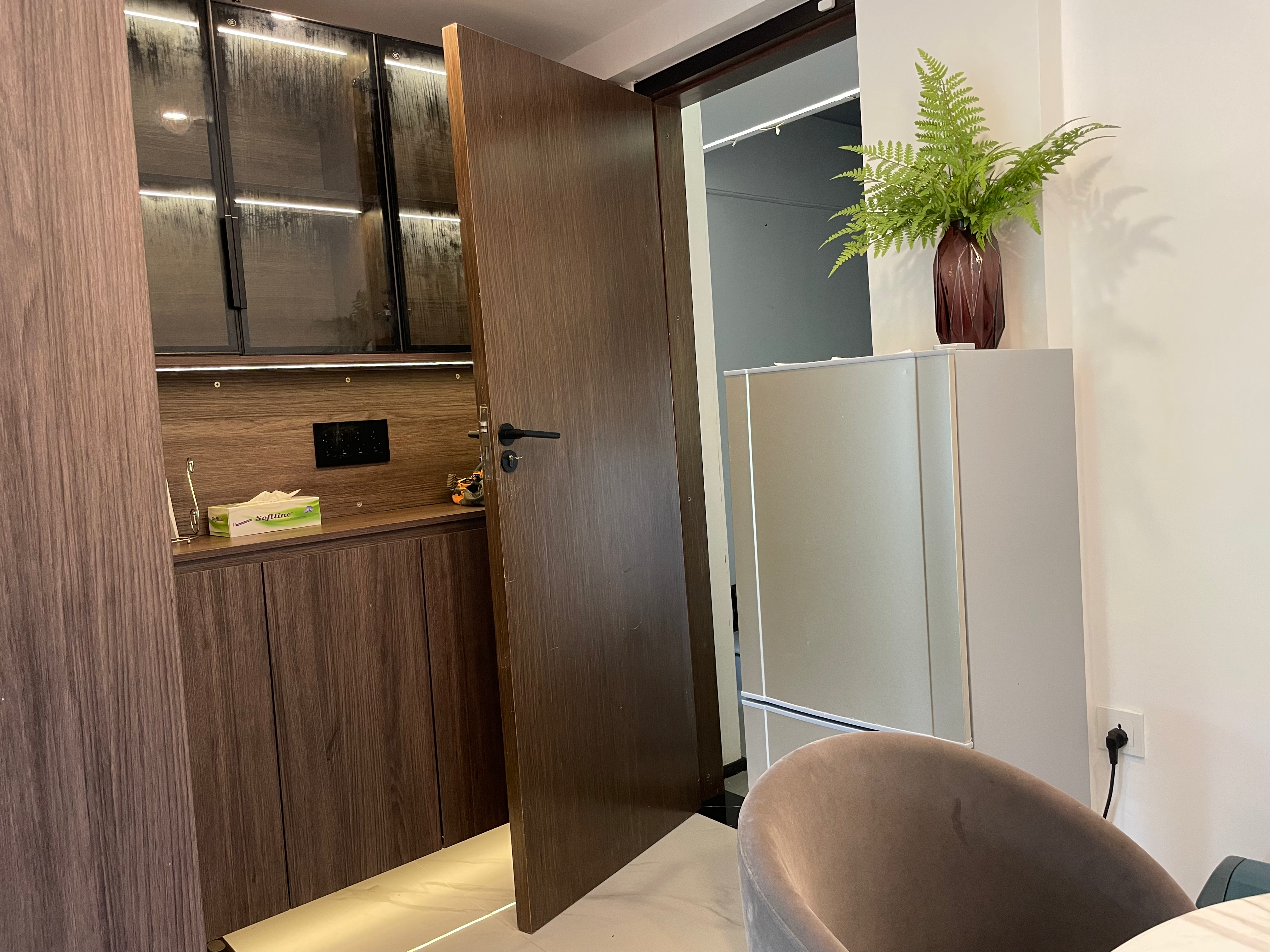 Kitchenette amenities including refrigerator